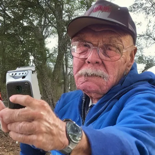 Image similar to photo of my grandfather accidentally taking a selfie with the front camera while trying to start the chainsaw but it never starts the first time so he is angry