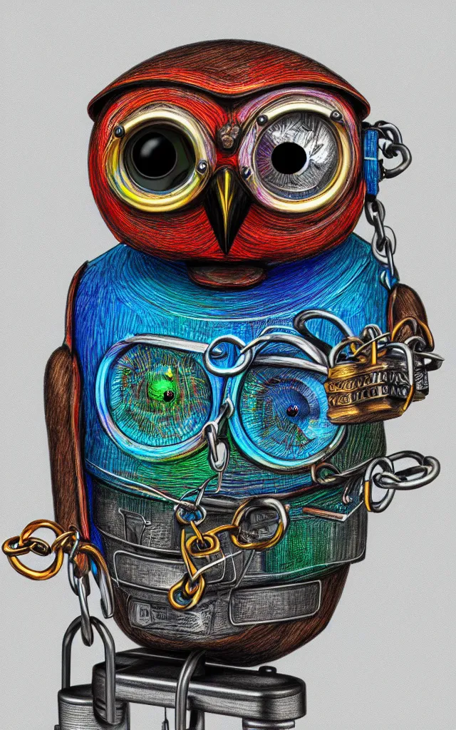 Prompt: colored pencil and pen drawing of an animatronic robot owl - bird made from rusty old keys and padlocks, 4 k photorender realityengine