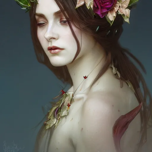 Prompt: portrait of beautiful vampire, flower crown, thorn everywhere, headshot, pale skin, 4k, rule of thirds, extreme detail, detailed drawing, trending artstation, hd, fantasy, D&D, realistic lighting, by Alphonse Mucha, Greg Rutkowski