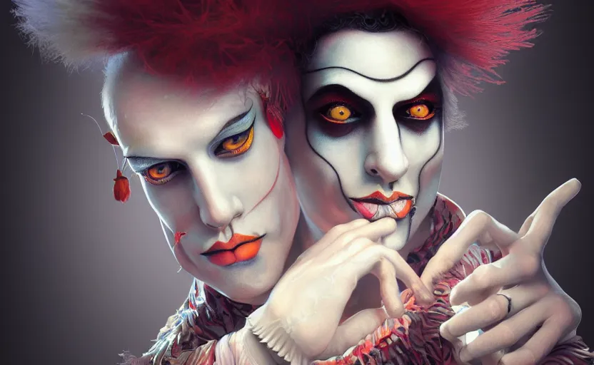 Image similar to award winning art of a attractive male pierrot, performing at a magnificent circus, beautiful circus themed background, trending artstation, digital art, aesthetic, bloom, intricate, elegant, sharp focus, digital illustration, highly detailed, octane render, digital painting, concept art, fantasy carnival, masterpiece