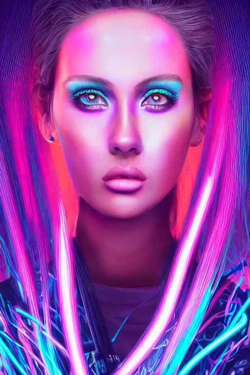 Image similar to a award winning half body portrait of a beautiful woman with stunning eyes in a croptop and cargo pants with ombre purple pink teal hairstyle by thomas danthony, surrounded by whirling illuminated lines, outrun, vaporware, shaded flat illustration, digital art, trending on artstation, highly detailed, fine detail, intricate