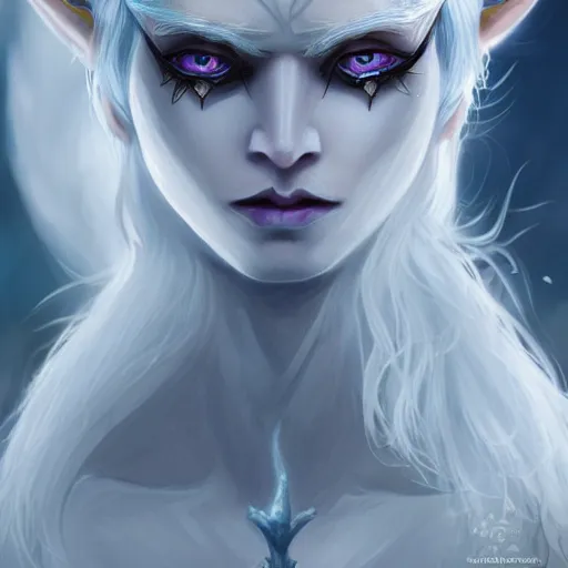 Prompt: the frightening archfey called'the prince of frost ', fantasy, white hair, blue skin, wild eyebrows, young adult, elf, crown, hard edges, soft lighting, professional lighting, trending on artstation