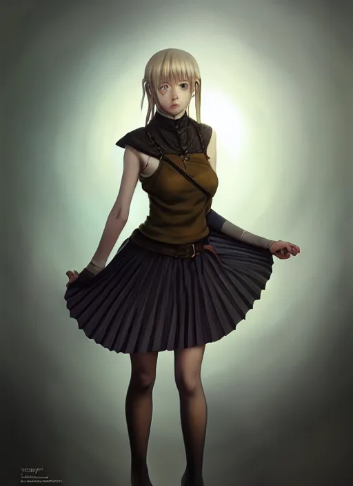 Image similar to portrait of a full body of beautiful young female detective, d & d, sleeveless turtleneck, pleated skirt, fantasy, flat lighting, intricate, highly detailed, digital painting, artstation, concept art, smooth, sharp focus, illustration, misa amane, art by simon bisley and greg rutkowski and alphonse mucha, natural tpose