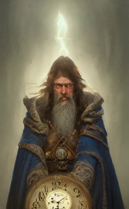 Image similar to portrait of a middle aged elf with a long beard, dressed in a blue cloak with clock iconography, brown hair, raised hand, detailed face, fantasy, highly detailed, cinematic lighting, digital art painting by greg rutkowski