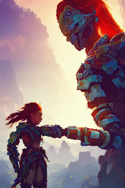 Image similar to combination suit armor aloy horizon forbidden west horizon zero dawn radiating a glowing aura global illumination ray tracing hdr fanart arstation by ian pesty and alena aenami artworks in 4 k tribal robot ninja mask helmet backpack