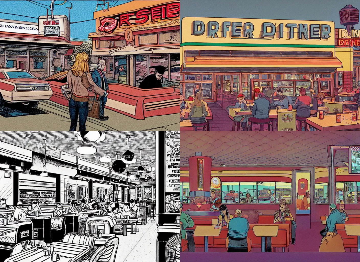 Prompt: Establishing shot of RR Diner from Twin Peaks comic artwork by Moebius, incricate, flat, simpe details, high detail
