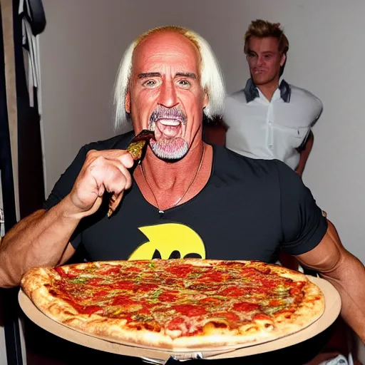 Image similar to hulk hogan eating pizza, riding a poodle