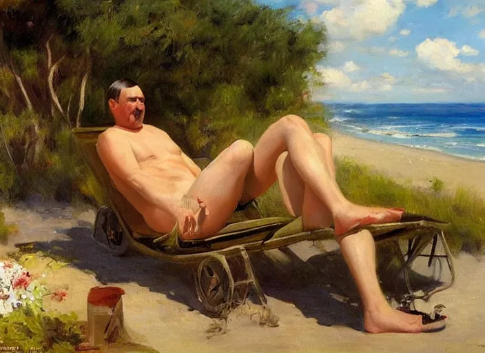 Image similar to adolf hitler sunbathing at an argentinian beach by vladimir volegov and alexander averin and delphin enjolras
