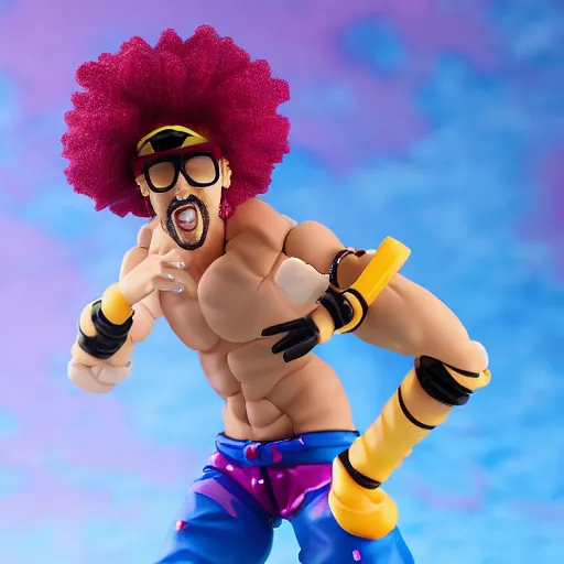 Image similar to Redfoo as a Figma anime figurine. Posable PVC action figurine. Detailed artbreeder face. Full body 12-inch Figma anime statue.