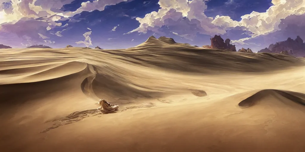 Prompt: landscape of one sand - sea of swirling dunes desert under a perfect sky with soft nimbus, art by artgerm and greg rutkowski and alphonse mucha, concept art, octane render, unreal engine 5, highly detailed, high quality, 8 \ k, soft lighting, realistic face, path traced