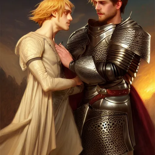 Image similar to attractive arthur pendragon and his favourite attractive male knight, they are in love, camelot, natural lighting, path traced, highly detailed, high quality, digital painting, by gaston bussiere and ross tran and j. c. leyendecker