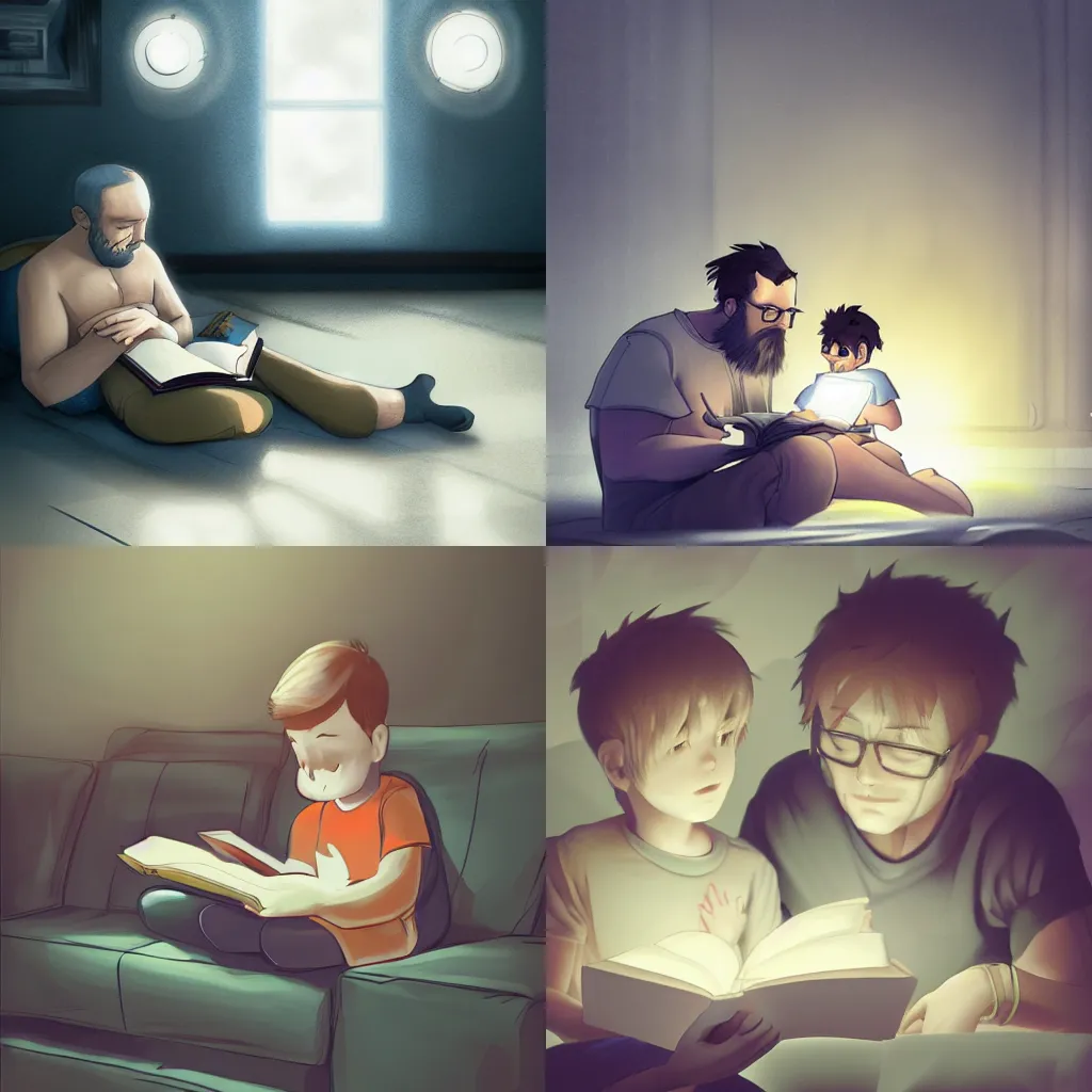 Prompt: a father reading to his son, octane rendering, art by justradiation, melancholic, greyleader, and nicolch, trending on pixiv, cinematic lighting