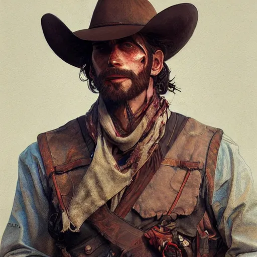 Prompt: a male rugged cowboy, bleeding, D&D, fantasy, intricate, elegant, highly detailed, digital painting, artstation, concept art, smooth, sharp focus, illustration, art by artgerm and greg rutkowski and alphonse mucha