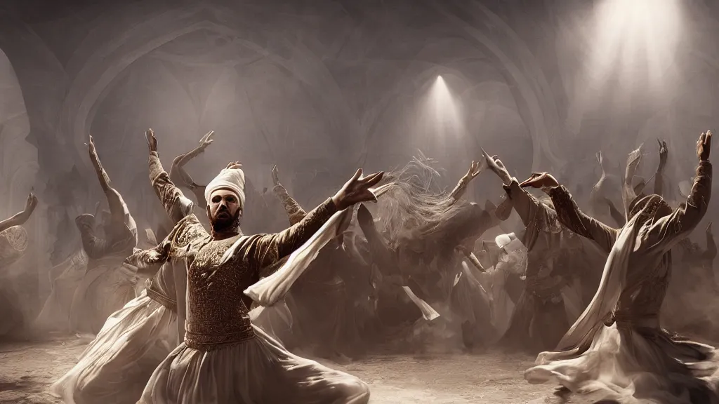 Image similar to tyrkisk sufi dance, sufi, arabic words, bysintine, gothic, 4 k, smokey, michael whelan, peter mohrbache, giovanni paolo panini style epic, volumetric light, insanely detailed, unreal engine render, artstation trends, hyper detail, epic art style, cinematic, concept art, soft white gold lights