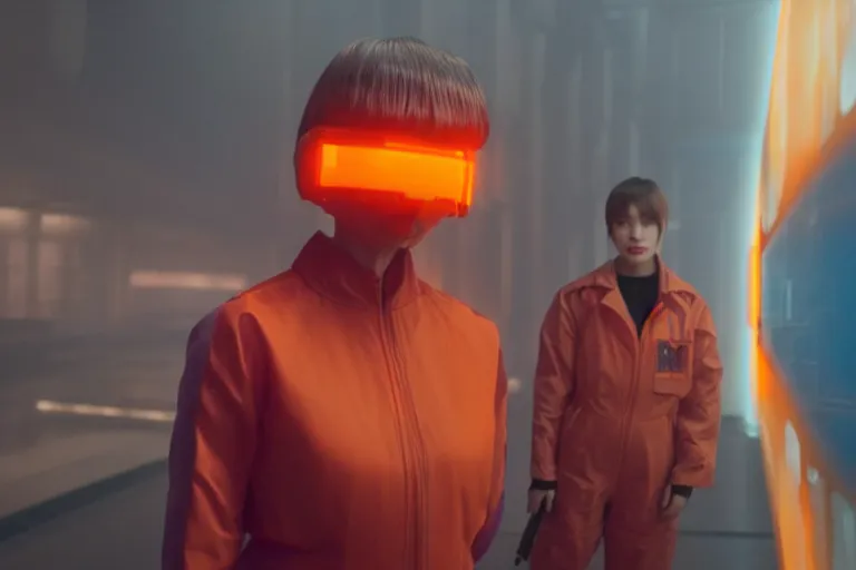 Prompt: a still from the film bladerunner 2 0 4 9 depicting haruka abe wearing an orange prison jumpsuit. behind her a blue holographic face dominates the background. futuristic medical equipment surrounds haruka abe. sci fi, futuristic,