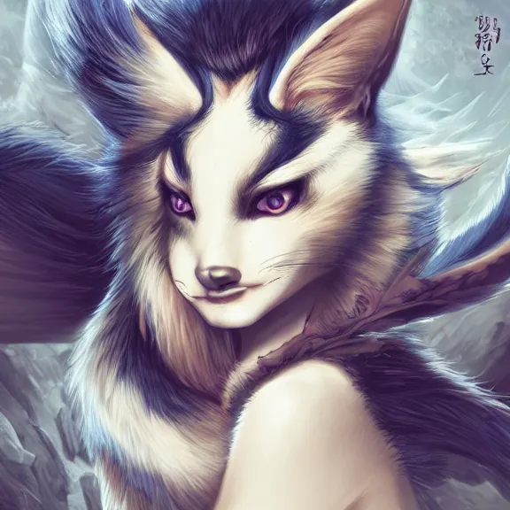 Image similar to female kitsune, anthro, very furry, fantasy artwork, award winning, hyper detailed, very very very very very very beautiful!, aesthetic portrait, fluffy, studio lighting, artstation