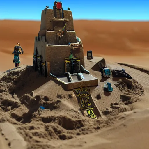 Image similar to 1:16 scale miniature diorama of Warhammer 4K space@marines building a sandcastle in the desert, 3D rendered, unreal engine