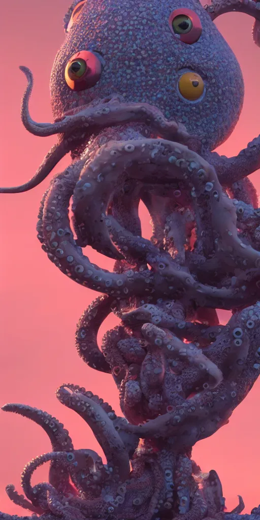 Prompt: a strange bird octopus chimera creature waiting for the bus with other monsters, in the style of shaun tan and sam shearon, close up, glossy, beautiful, fantastic, wonderful, dramatic lighting, candy colours, high contrast, 3 d sculpture 8 k octane render