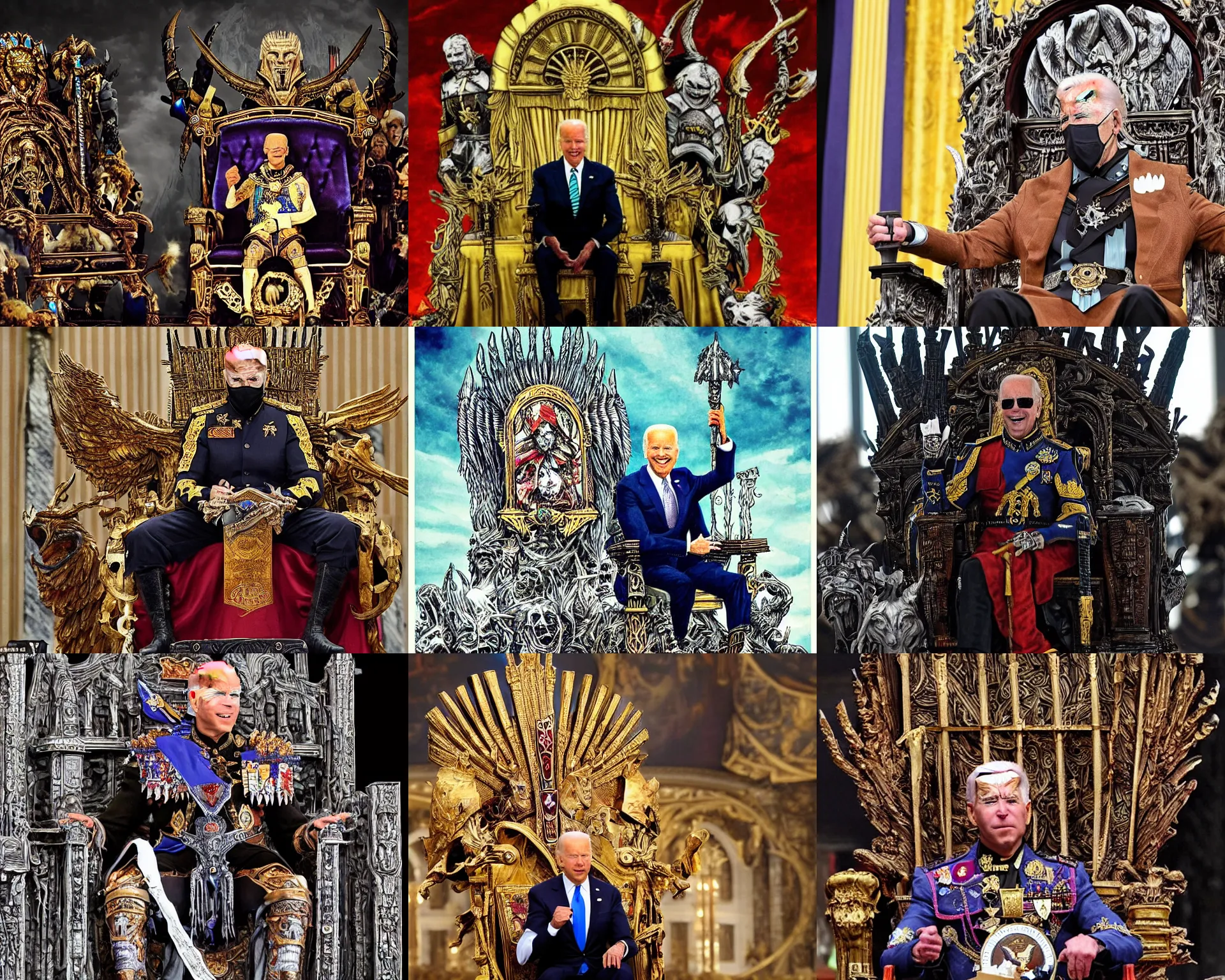 Prompt: Joe Biden sits atop a throne after becoming the emperor of mankind, evil, chaos, ornate, horror, detailed, colorful