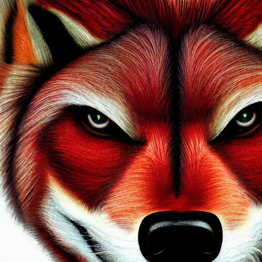 Image similar to zoomorphic a red face wolf, pepe the frog like face, digital painting, ultra sharp, by gary cook