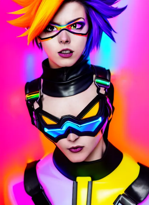 Prompt: full body overwatch style oil painting portrait of tracer overwatch, confident pose, wearing black jagged iridescent rainbow latex armor, rainbow, neon, 4 k, expressive surprised expression, makeup, wearing large rainbow neon choker, studio lighting, acid, trippy, black leather harness, expressive detailed face and eyes,