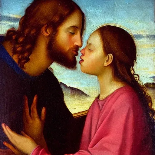 Image similar to an oil panting of a jesus kissing maria maddalena