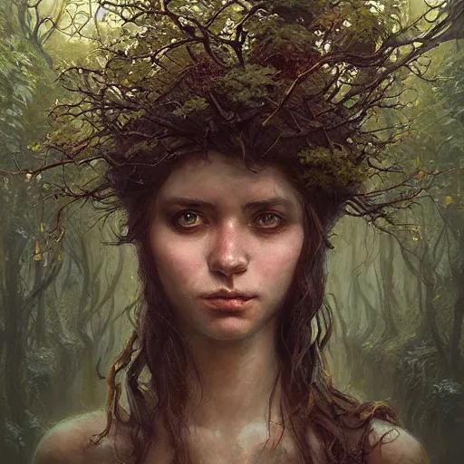 Image similar to head and shoulders, a dryad, by anna podedworna and greg rutkowski, artstation