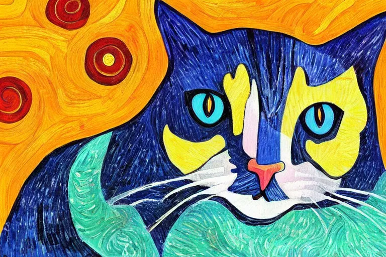 Image similar to beautiful art illustration of cat by laurel burch and van gogh, oil painting, highly detailed