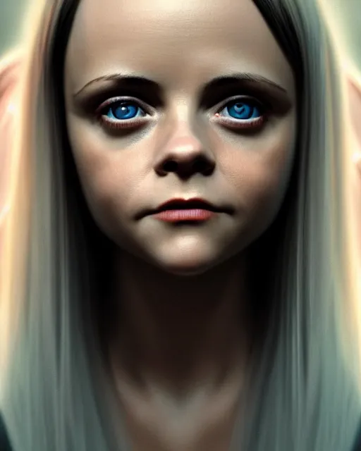 Image similar to Full potrait of christina Ricci as an angel, hyper realistic, prismatic highlights, atmosphere, gorgeous, depth of field, cinematic, macro, concept art, 50mm, artstation, wlop, elegant, epic, weta digital, focus, octane render, v-ray, 8k, kodak portra, art by Liberatore