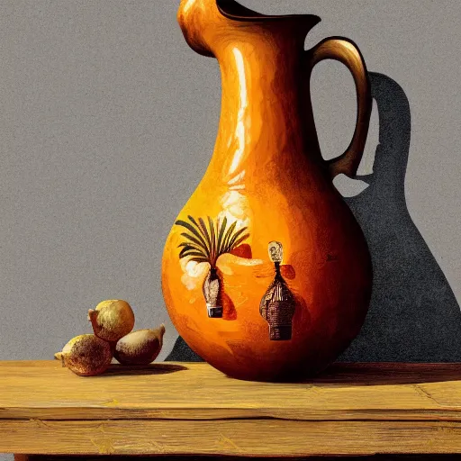 Image similar to still art, antique jug with palms inside on wooden antique table, old candle, much vegetables, lemon, orange, pepper, cinematic light, contrast shadows, dark light, detailed, digital art, concept art, trending on artstation, highly detailed, intricate, sharp focus, digital art, 8 k