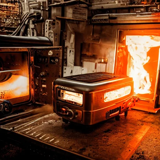 Prompt: cyborg toaster oven augmentation, dark messy smoke - filled cluttered workshop, dark, dramatic lighting, orange tint, sparks, cinematic, highly detailed, sci - fi, futuristic, movie still