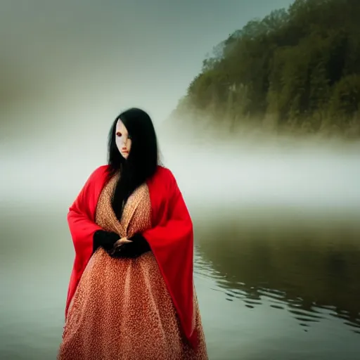 Image similar to beautiful lady with white long hair and dressed with a red victorian cloak, standing in a lake, mist, morning light, dreamy atmosphere, cinematic