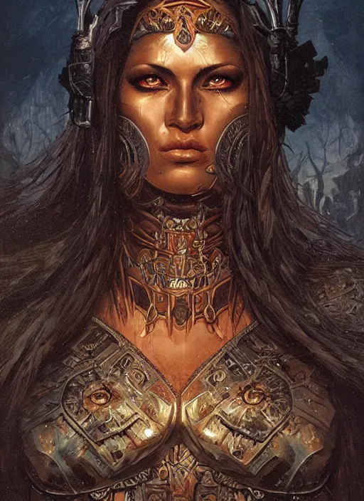 Image similar to a highly detailed symmetrical painting of a female amazon warrior with piercing beautiful eyes in dark tomb setting, dynamic lighting, ambient lighting, deviantart, art by karol bak and glenn fabry