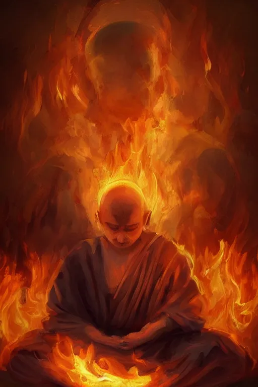 Image similar to A meditating monk on fire , Trending on artstation.