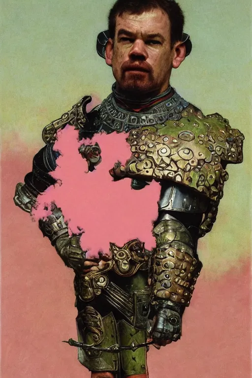 Image similar to head and torso portrait of jocko willink as huge warrior wearing plate armour and cape, dynamic action, pink and green, by lawrence alma tadema and zdzislaw beksinski and norman rockwell and tom lovell and greg staples and john william waterhouse