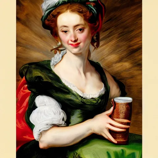 Image similar to heavenly summer sharp land sphere scallop well dressed lady holding a green paper coffee cup, auslese, by peter paul rubens and eugene delacroix and karol bak, hyperrealism, digital illustration, fauvist, green paper coffee cup