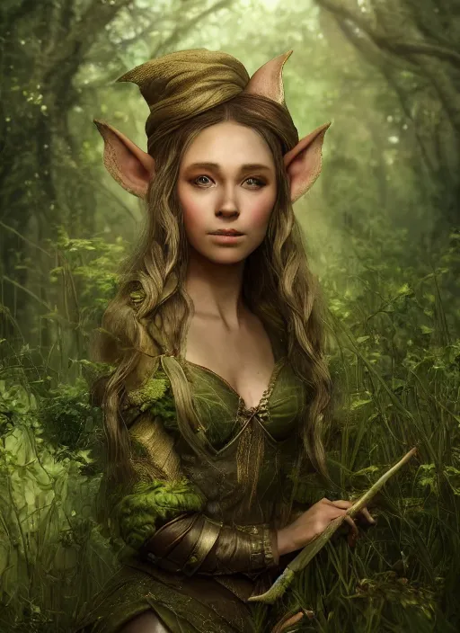 Image similar to Beautiful art portrait of a Fantasy female elf on a lush forest meadow, atmospheric lighting, intricate detail, cgsociety, hyperrealistic, octane render, RPG portrait, ambient light, dynamic lighting