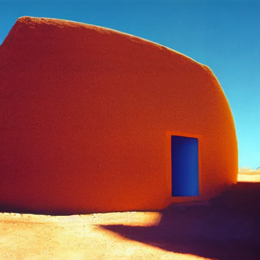 Image similar to a man in neon colored clothing standing outside a Non-Euclidean orb-like clay house sitting in the desert, vintage photo, beautiful cinematography, blue sky, film grain, James Turrell