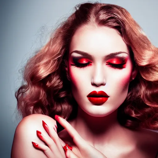 Prompt: a close up studio photographic portrait of beautiful gorgeous woman red lips vibrant stunning on vogue dramatic lighting