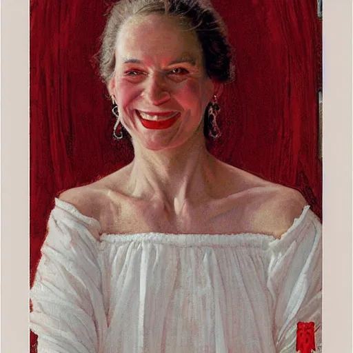 Prompt: a frontal portrait of a priestess, dressed in white and red, ( with a smile that hurts header face ), by donato giancola and norman rockwell.