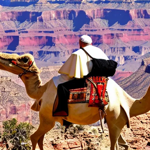 Image similar to A photo of the Pope riding a camel at the grand canyon 85mm lens, f1.8.