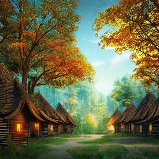 Image similar to a village full of tree houses nestled in a forest, chimneys with puffs of smoke, tall trees, thatched roofs, fresh streams running through, golden hour, autumn leaves, realistic high quality art digital art
