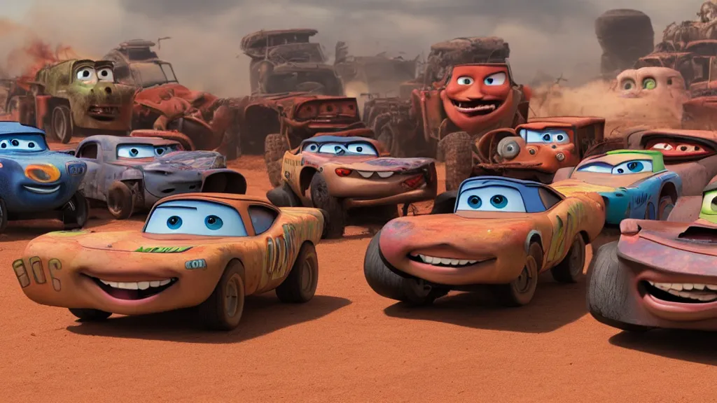 Prompt: pixar cars movie with mad max vehicles
