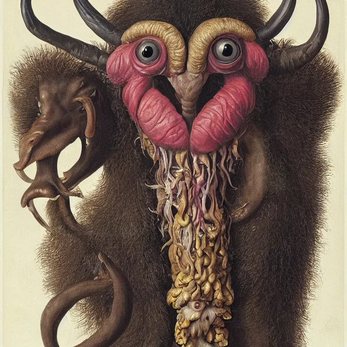 Image similar to close up portrait of a mutant monster creature with giant protruding eyes bulging out of their eye sockets, exotic orchid - like mouth, long colorful hair growing out of the nostrils, antelope horns. by jan van eyck, walton ford