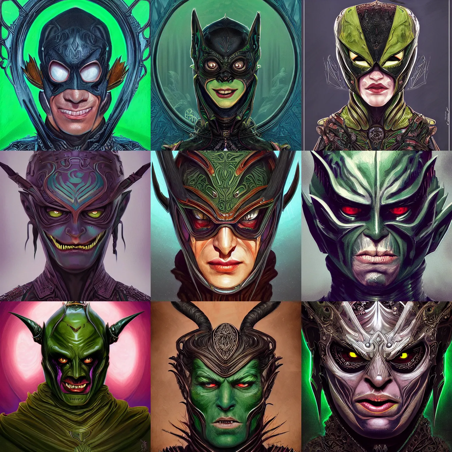 Prompt: head-on symmetrical centered painted portrait, D&D green goblin assassin, black leather armour, art nouveau, tarot card style, fantasy, intricate, elegant, highly detailed, smooth, sharp focus, illustration, artstation, in the style of Artgerm and Anna Podedworna and Alex Ross and Mucha