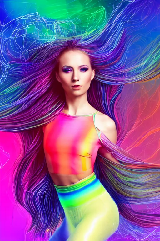 Image similar to a award winning half body portrait of a beautiful woman with stunning eyes in a croptop and leggings with reinbow colored ombre hairstyle head in motion and hair flying while dancing by thomas danthony, surrounded by whirling illuminated lines, outrun, vaporware, shaded flat illustration, digital art, trending on artstation, highly detailed, fine detail, intricate