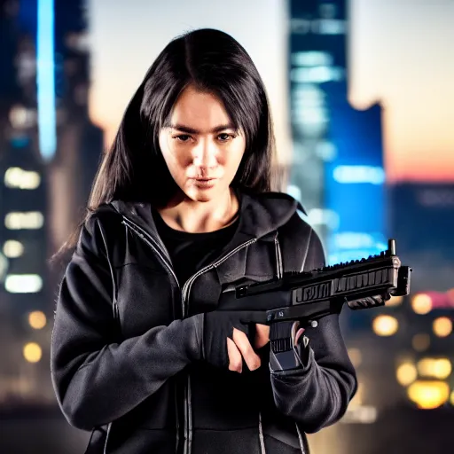 Image similar to photographic portrait of a techwear woman holding a Glock 18, closeup, on the rooftop of a futuristic city at night, sigma 85mm f/1.4, 4k, depth of field, high resolution, 4k, 8k, hd, full color