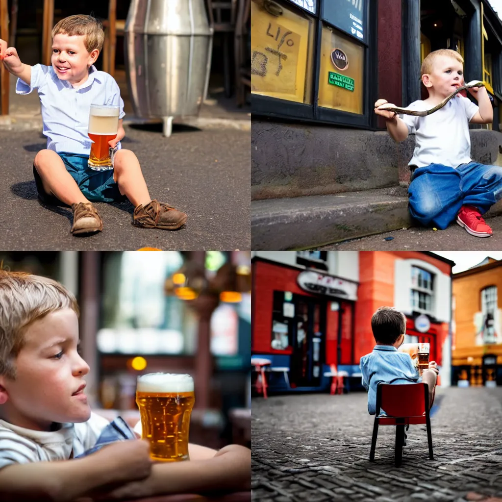 Prompt: a little boy is relaxing drinking a pint on a pub after a long day of work