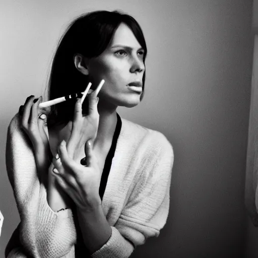 Image similar to Live Action Still of Jerma985 in a film of a beautiful model woman smoking a cigarette by the window, black and white, hyperrealistic, ultra realistic, realistic, highly detailed, epic, HD quality, 8k resolution, body and headshot, film still