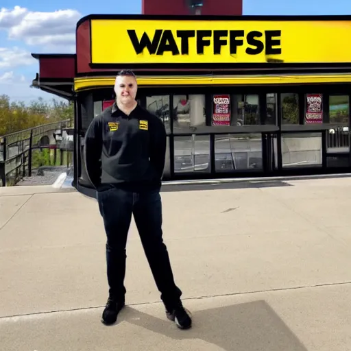 Image similar to wafflehouse employee's standing below wafflehouse sign